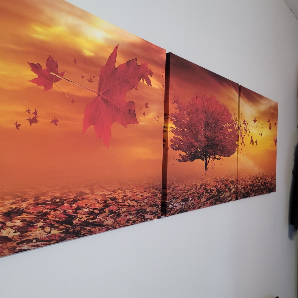 Autumn Tree and Leaves Gallery Wrapped Canvas Art Triptych (3 Panel)
